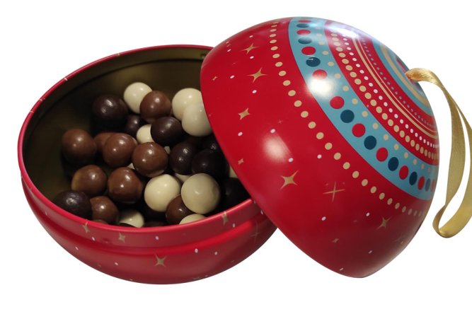 Boule de Noel avec billes de chocolat bio lait, noir et blanc