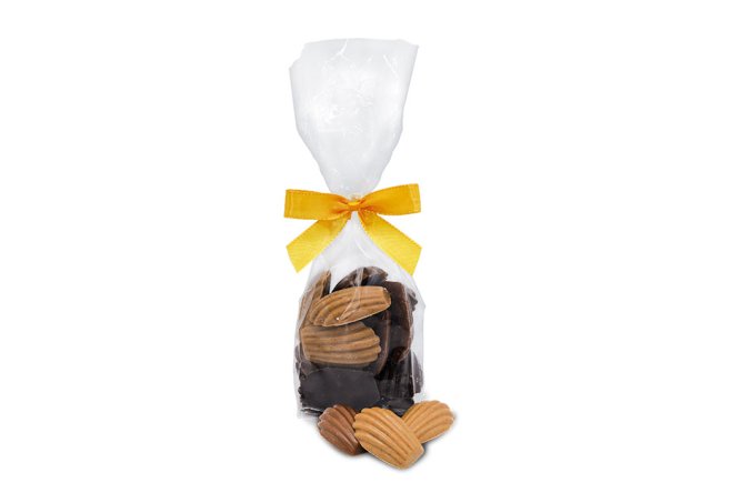 Sachet de mini madeleines chocolat lait, noir et caramel