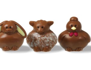 Trio mini lapin, poule et mouton. Moulages chocolat lait.