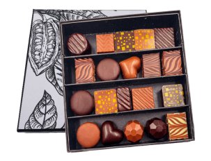 Coffret chocolats noir et lait déco fève de cacao